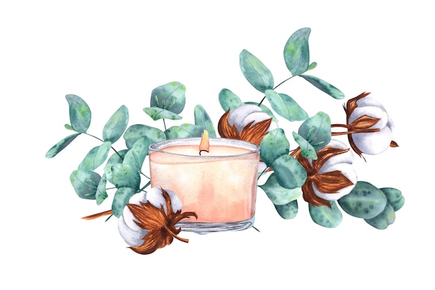 Uma composição com velas de algodão e eucalipto pintadas em aquarela e isoladas em um fundo branco