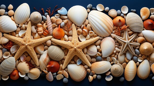 Foto uma composição criativa de várias conchas e estrelas-do-mar em meio a uma dispersão de areia fina da praia