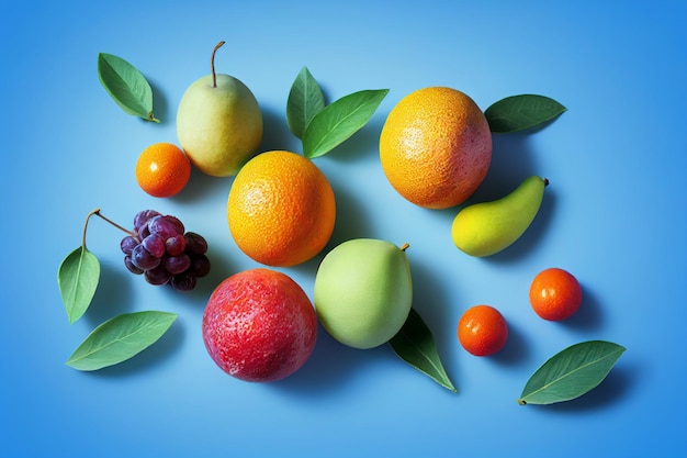 Uma composição de fruta azul Laranjas fatiadas peras maçãs uvas tangerinas deitadas na superfície