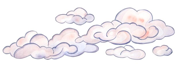Uma composição de nuvens cor de rosa de diferentes tamanhos Ilustração em aquarela isolada em um branco