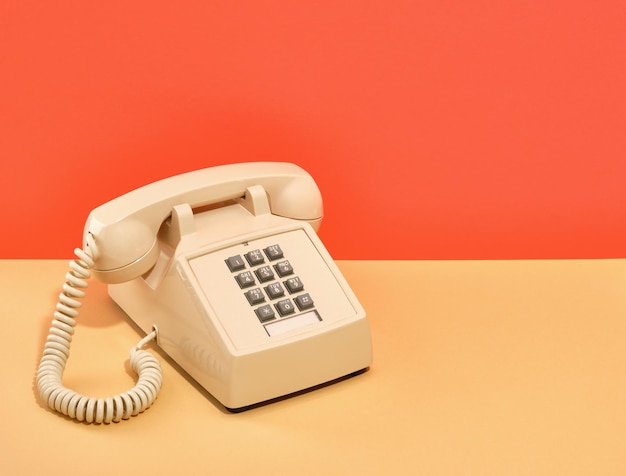 Uma composição de velho telefone bege vintage com botões cinzentos na mesa Copiar espaço para texto