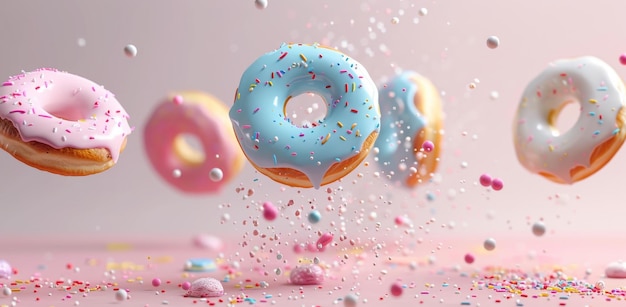 Uma composição dinâmica com donuts esmaltados com salpicaduras coloridas suspensas no ar contra um fundo rosa criando uma cena lúdica e apetitosa