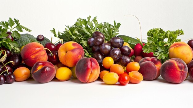 Uma composição em HD destacando a suculência de ameixas maduras pêssegos e damascos cercados por uma variedade de legumes coloridos todos exibidos contra um fundo branco sem costuras