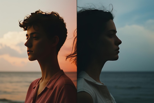 Uma composição em tela dividida de duas pessoas, uma feliz e outra triste, mostrando o contraste entre diferentes estados emocionais