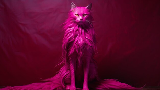 Uma composição fotorrealista de um gato rosa sobre um fundo rosa