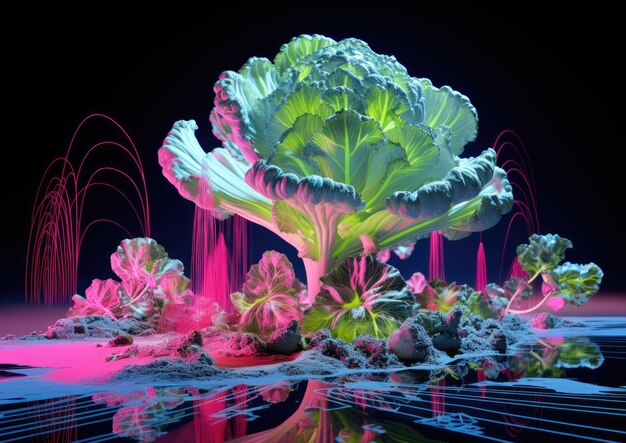 Foto uma composição futurista com uma couve-flor flutuando em uma paisagem digital que lembra av.