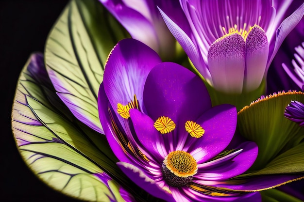 uma composição impressionante mostrando flores roxas vibrantes contra um fundo escuro