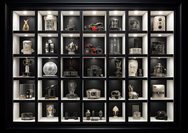 Uma composição minimalista de lembranças favoritas de um colecionador dispostas em um padrão simétrico