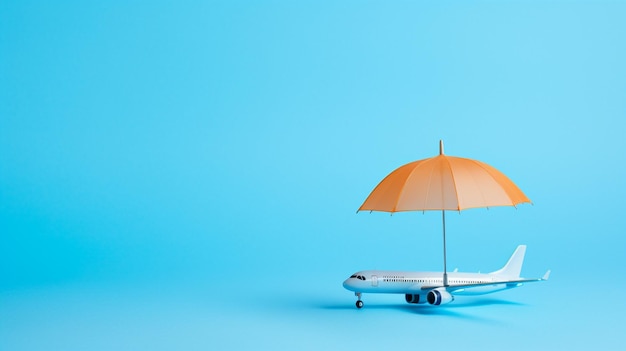 Uma composição minimalista de um pequeno avião e um guarda-chuva em um fundo azul sereno simbolizando proteção de viagem e seguro IA geradora