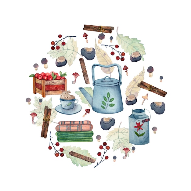 Uma composição redonda sobre um tema de outono de um bule, uma xícara de café, cogumelos, folhas.