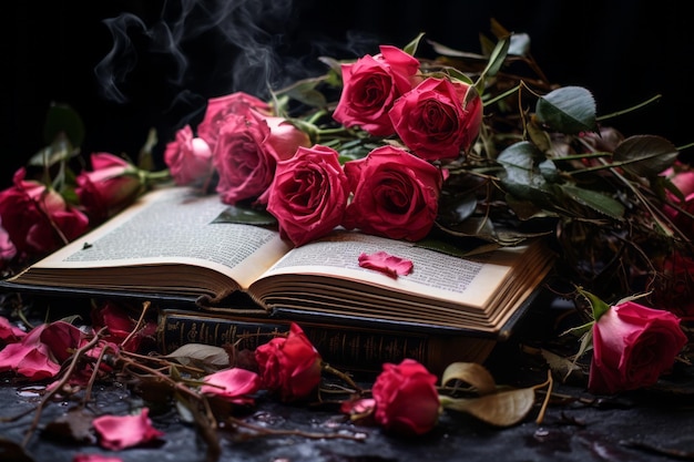 Uma composição serena flores de rosa delicadas graça livros abertos ar 32