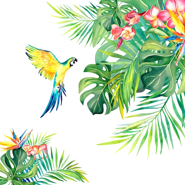 Uma composição tropical de galhos de palmeira e um papagaio macau amarelo Ilustração em aquarela Pássaros exóticos Monstera Folhas de banana