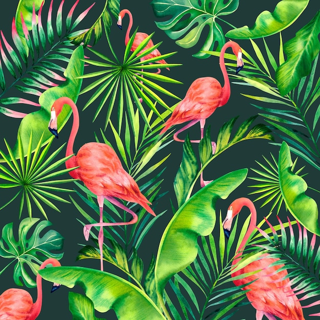 Uma composição tropical de ramos de palmeira e flamingos rosa Ilustração em aquarela Flamingos Monstera Folhas de bananeira