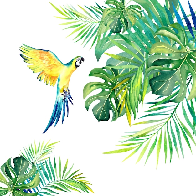 Uma composição tropical de ramos de palmeira e um papagaio amarelo Arara Ilustração em aquarela Aves exóticas Monstera Folhas de bananeira