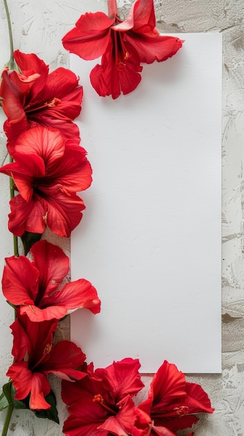 Uma composição vertical com flores de amaryllis vermelhas elegantemente colocadas ao lado de um papel branco enrugado em um fundo de textura correspondente