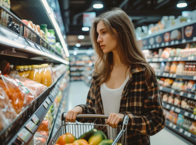 Uma compradora em uma mercearia bem abastecida empurra um carrinho cheio de produtos frescos