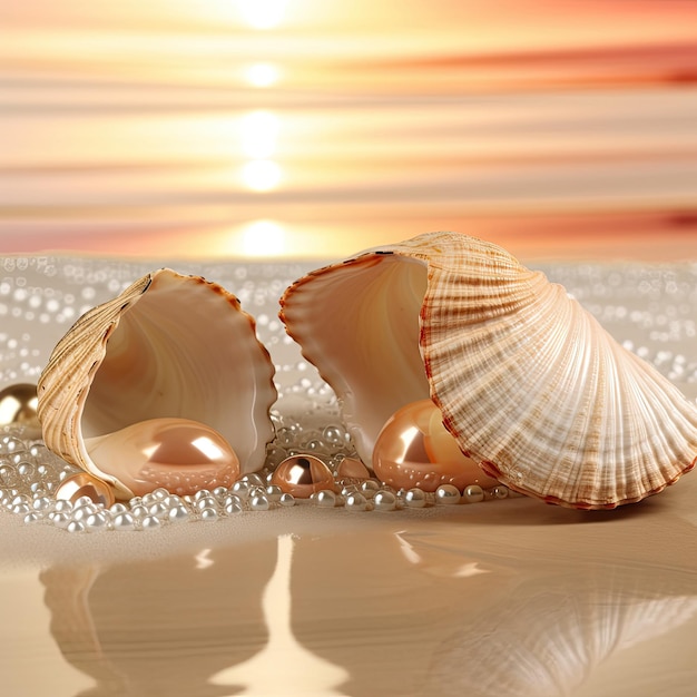 Uma concha com pérola está em uma praia com um pôr do sol ao fundo.