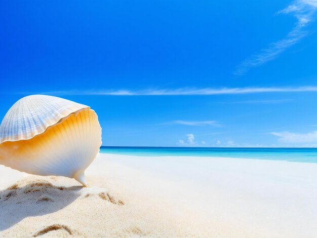 Uma concha de mar em uma praia com um céu azul no fundo ai gerado