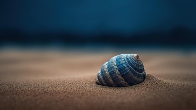 Uma concha do mar azul em uma praia arenosa