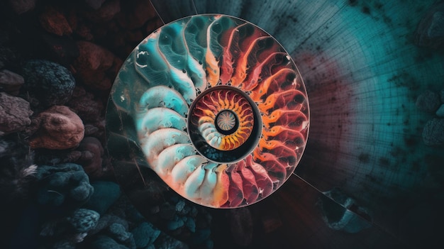 Uma concha em forma de espiral sobre uma pilha de rochas Imagem generativa de IA