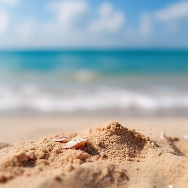Uma concha em uma praia com o oceano ao fundo