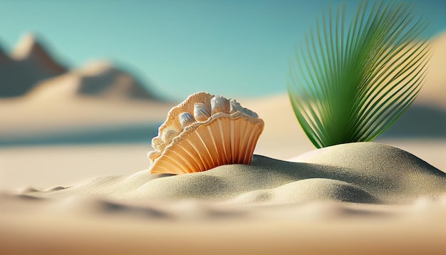 Uma concha em uma praia de areia perto da água do oceano