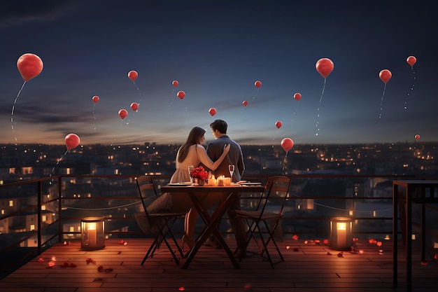 uma configuração de jantar romântico em um telhado com luzes da cidade com um casal desfrutando de um Dia dos Namorados