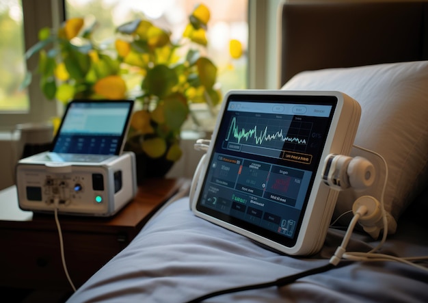 Uma configuração de saúde residencial inteligente orientada por IA monitorando a recuperação pós-cirurgia de um paciente mostrando um bl