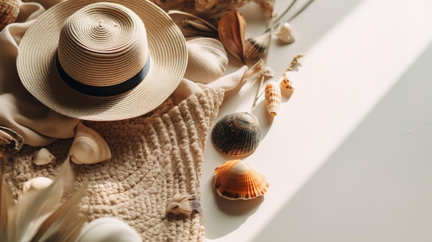 Uma configuração plana de verão com conchas e um chapéu na praia IA generativa