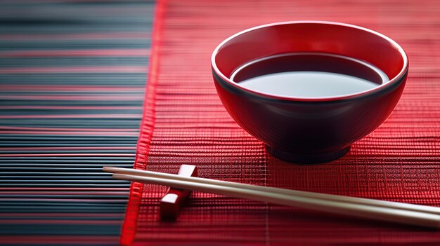 Foto uma configuração tradicional de jantar asiática com uma tigela vermelha de molho de soja em um placemat vermelho texturizado