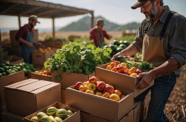 Uma cooperativa agrícola local de alimentos Os membros estão carregando caixas para casa