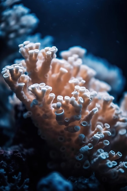 Uma cor branca azul brilhante de coral montipora na profundidade da água do mar escuro