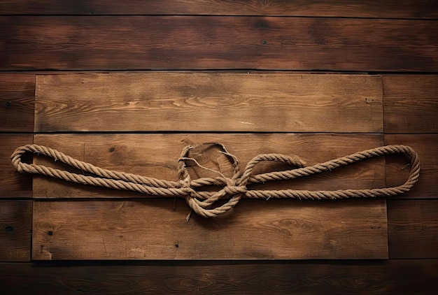 uma corda colocada em cima de uma mesa de madeira no estilo de fotografia aérea