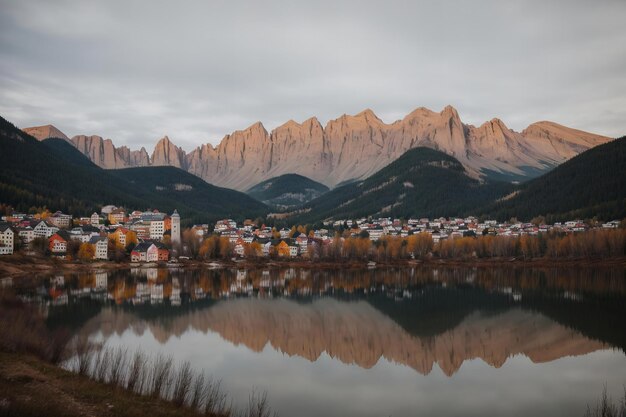 Foto uma cordilheira com um lago em primeiro plano e uma cidade ao fundo