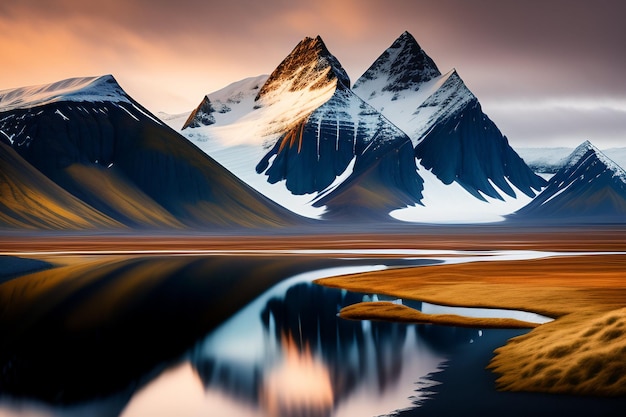 Uma cordilheira é refletida em um lago com céu nublado.