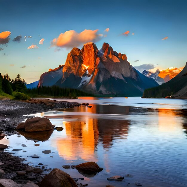 Uma cordilheira é refletida na água com o sol se pondo atrás dela.