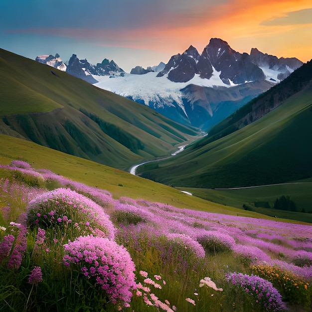 Uma cordilheira está ao fundo com flores roxas.