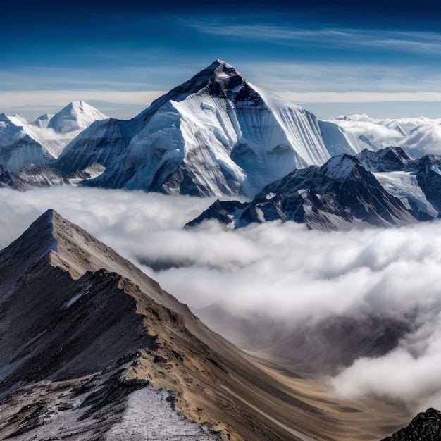 Uma cordilheira está coberta de neve e o céu é azul.