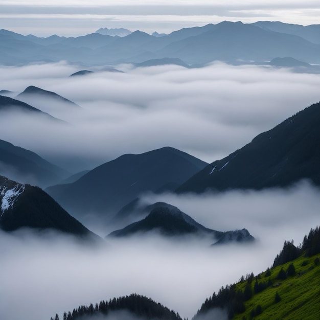 Uma cordilheira está coberta de nuvens e neblina