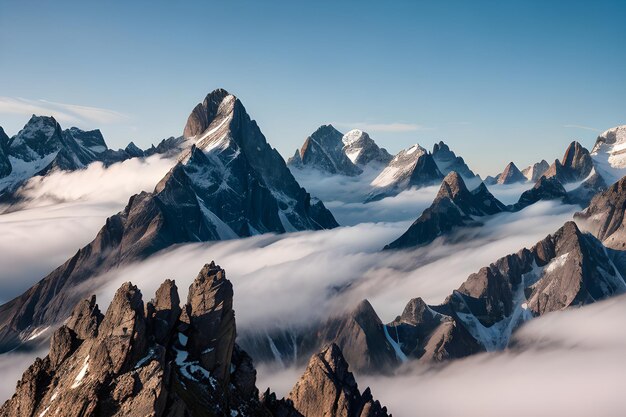 Uma cordilheira fotográfica com névoa giratória e picos irregulares ao fundo