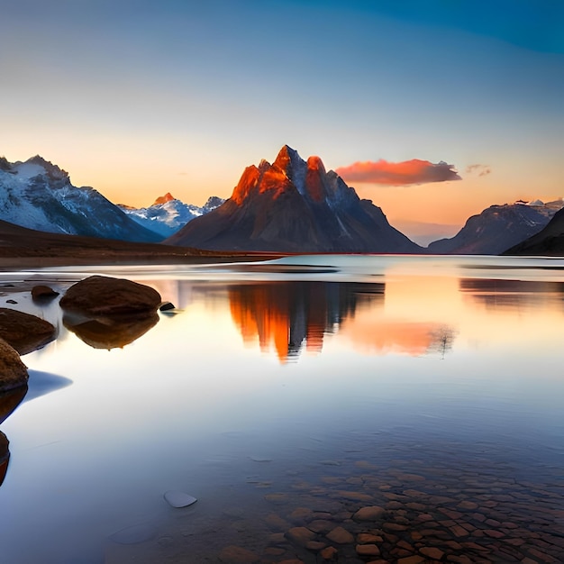 Uma cordilheira se reflete em um lago com um pôr do sol ao fundo.