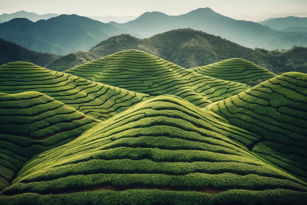 Uma cordilheira verde é vista à distância.