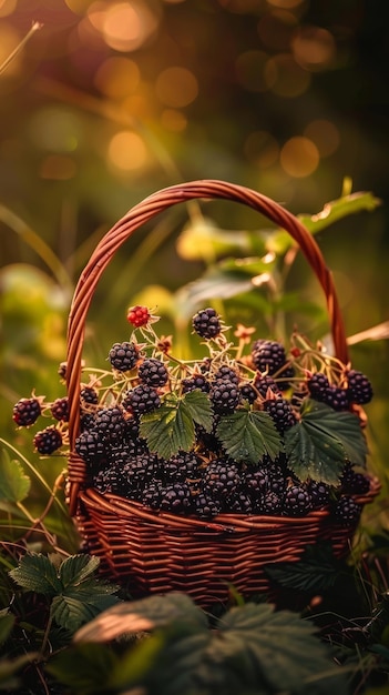 Uma cornucópia de morangos gordos e brilhantes transborda de uma cesta tecida emoldurada por uma vegetação vibrante e pelos cálidos tons dourados do ambiente circundante