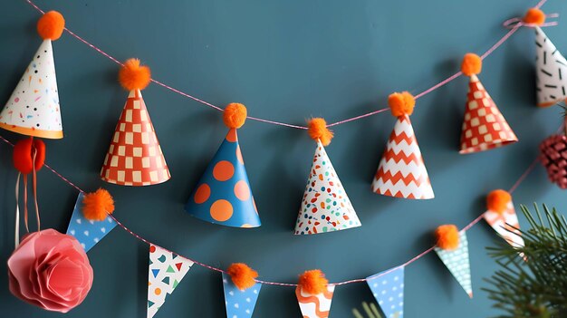 Uma coroa colorida de chapéus de festa está pendurada em uma parede azul Os chapéus são feitos de diferentes padrões de papel e são decorados com pom-poms