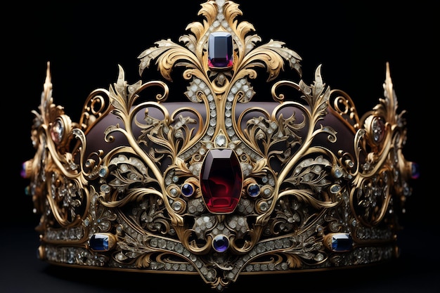 uma coroa de diamantes e pedras preciosas é mostrada em um fundo preto