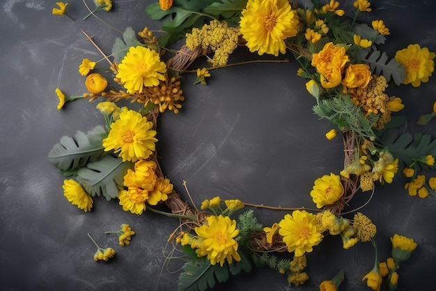 Uma coroa de flores amarelas em um fundo escuro