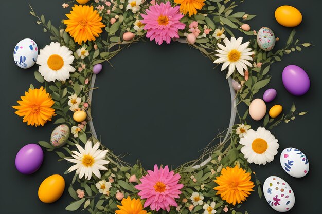 Uma coroa de flores com ovos de Páscoa em um fundo escuro
