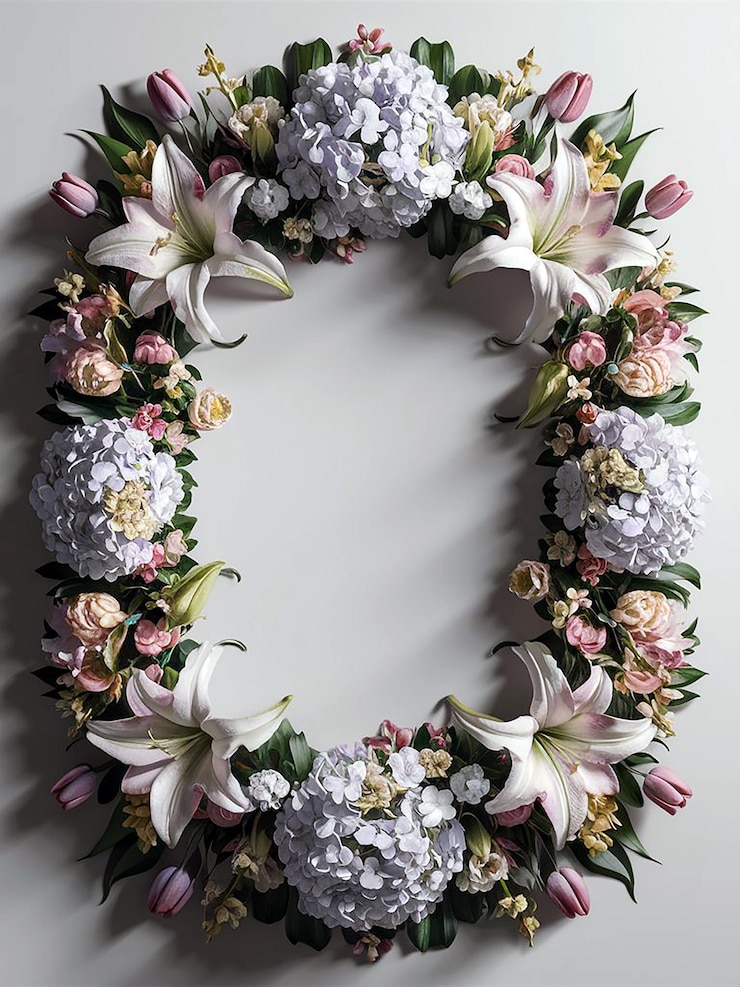 Foto uma coroa de flores com um fundo branco com uma borda branca