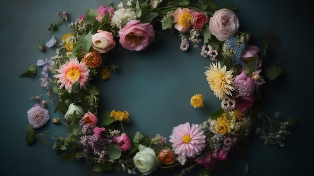 Uma coroa de flores em um fundo escuro