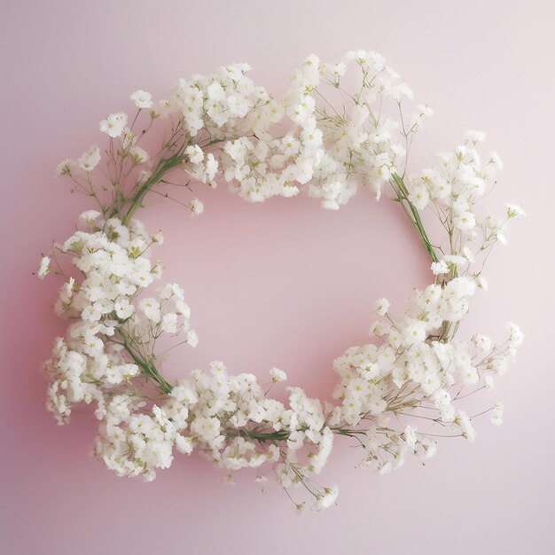 Uma coroa de flores está sobre um fundo rosa com um círculo branco ao seu redor.